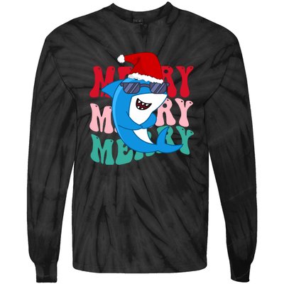 Merry Sharkmas Shark Santa Funny Christmas Tie-Dye Long Sleeve Shirt