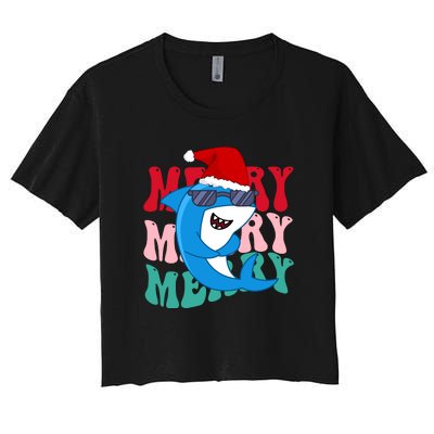 Merry Sharkmas Shark Santa Funny Christmas Women's Crop Top Tee