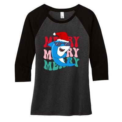 Merry Sharkmas Shark Santa Funny Christmas Women's Tri-Blend 3/4-Sleeve Raglan Shirt