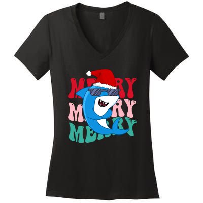 Merry Sharkmas Shark Santa Funny Christmas Women's V-Neck T-Shirt