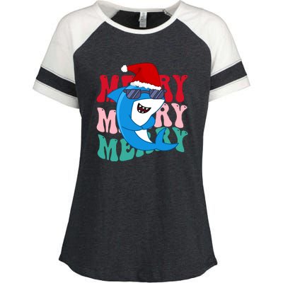 Merry Sharkmas Shark Santa Funny Christmas Enza Ladies Jersey Colorblock Tee