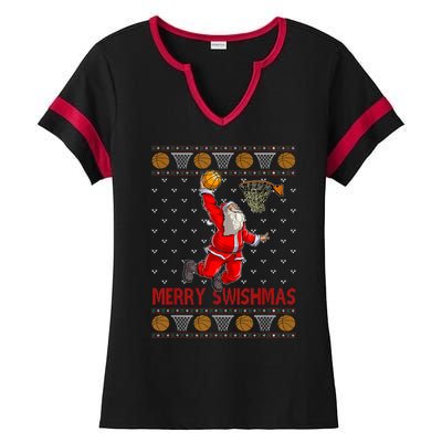 Merry Swishmas Santa Claus Playing Basketball Funny Christmas Ladies Halftime Notch Neck Tee