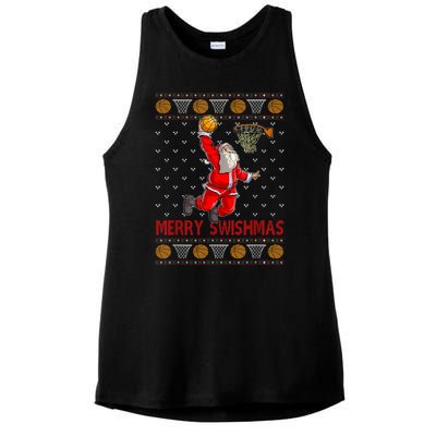 Merry Swishmas Santa Claus Playing Basketball Funny Christmas Ladies PosiCharge Tri-Blend Wicking Tank