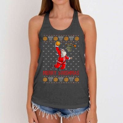 Merry Swishmas Santa Claus Playing Basketball Funny Christmas Women's Knotted Racerback Tank