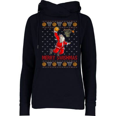 Merry Swishmas Santa Claus Playing Basketball Funny Christmas Womens Funnel Neck Pullover Hood