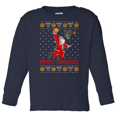 Merry Swishmas Santa Claus Playing Basketball Funny Christmas Toddler Long Sleeve Shirt