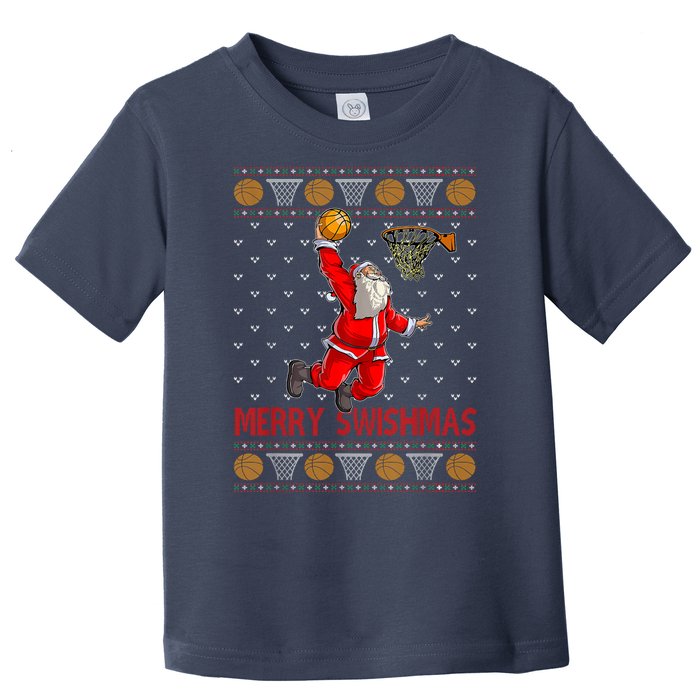 Merry Swishmas Santa Claus Playing Basketball Funny Christmas Toddler T-Shirt