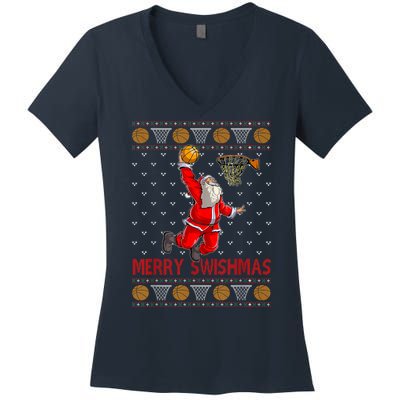 Merry Swishmas Santa Claus Playing Basketball Funny Christmas Women's V-Neck T-Shirt