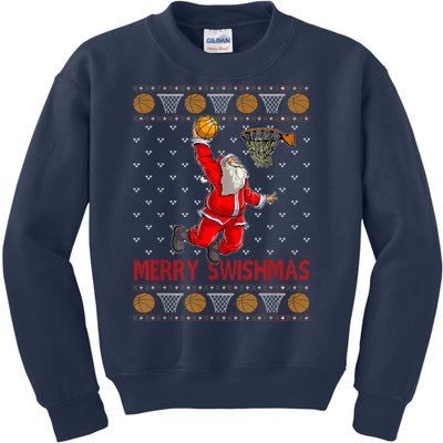 Merry Swishmas Santa Claus Playing Basketball Funny Christmas Kids Sweatshirt