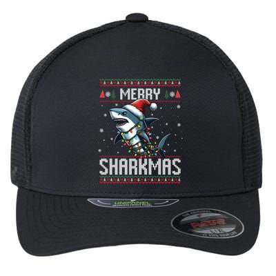 Merry Sharkmas Shark Ugly Christmas Lights Xmas Snowflakes Meaningful Gift Flexfit Unipanel Trucker Cap