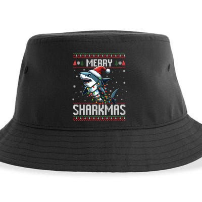 Merry Sharkmas Shark Ugly Christmas Lights Xmas Snowflakes Meaningful Gift Sustainable Bucket Hat