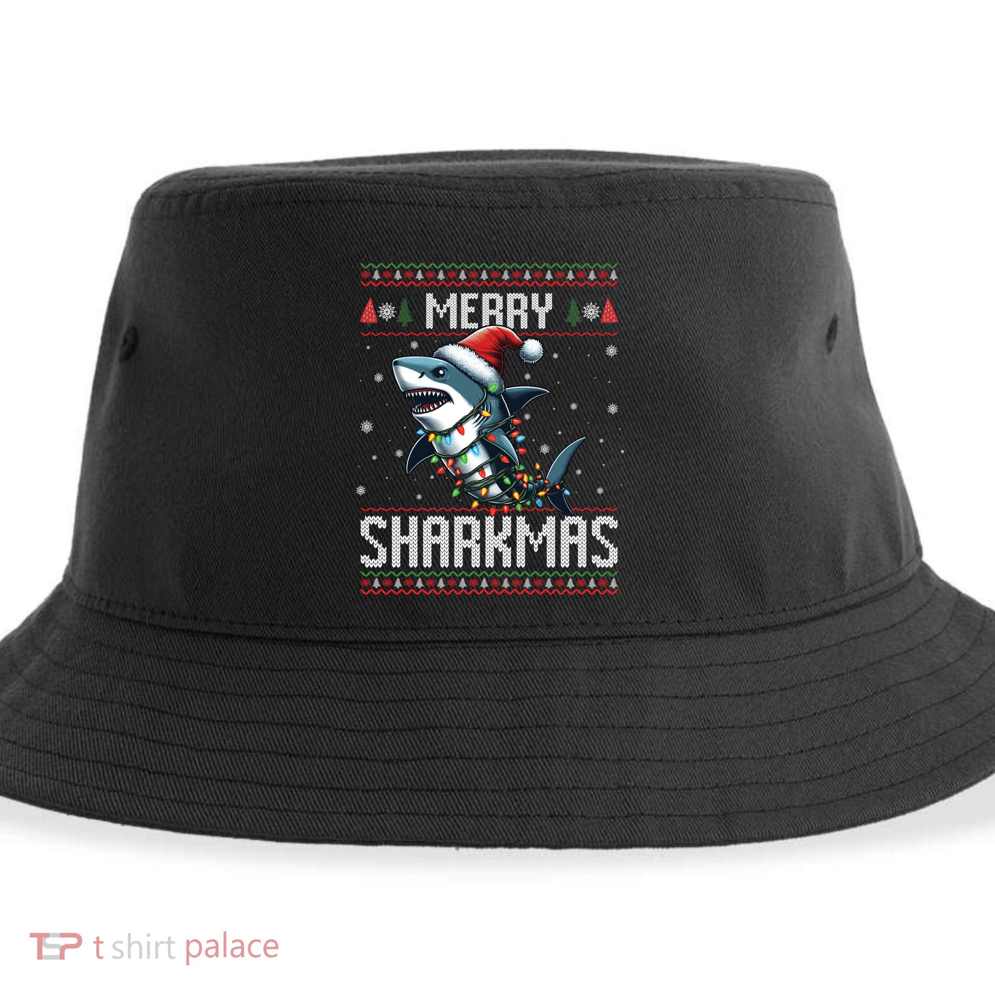 Merry Sharkmas Shark Ugly Christmas Lights Xmas Snowflakes Meaningful Gift Sustainable Bucket Hat