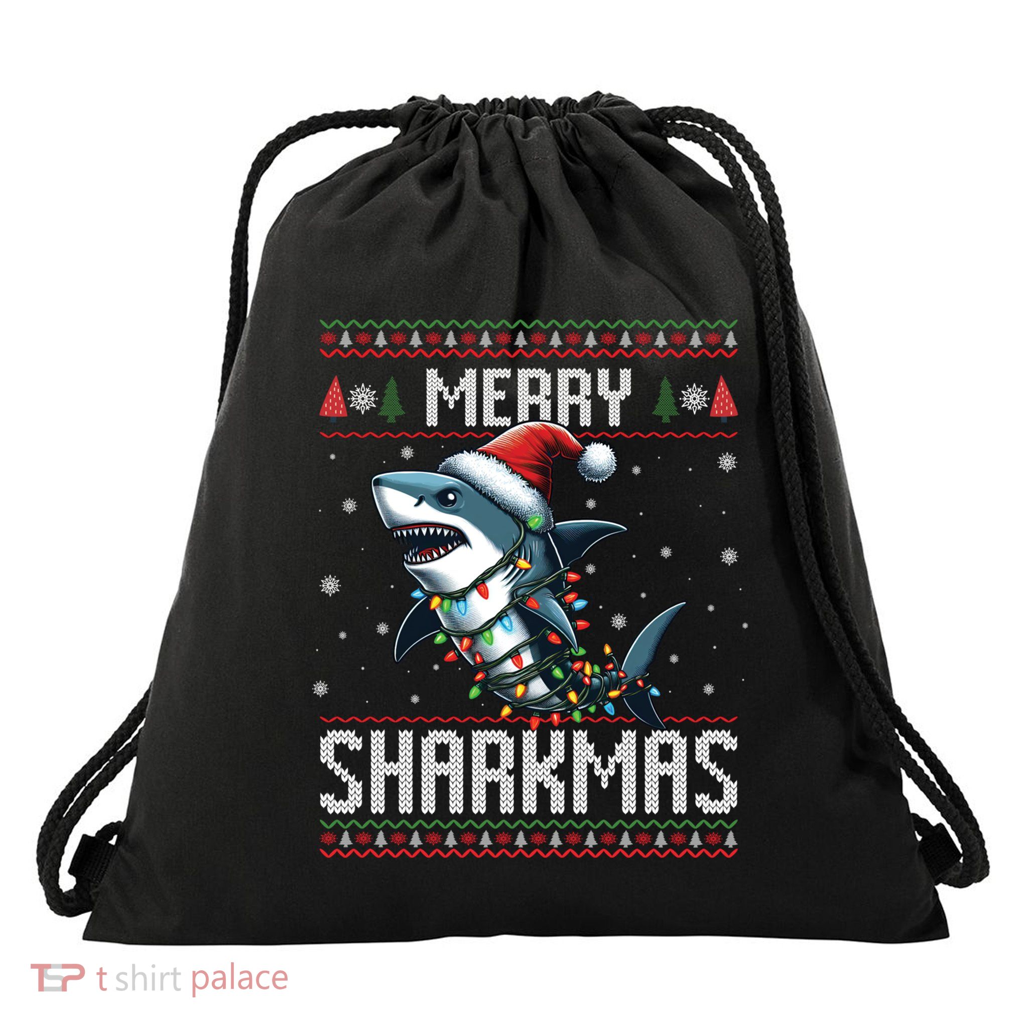 Merry Sharkmas Shark Ugly Christmas Lights Xmas Snowflakes Meaningful Gift Drawstring Bag