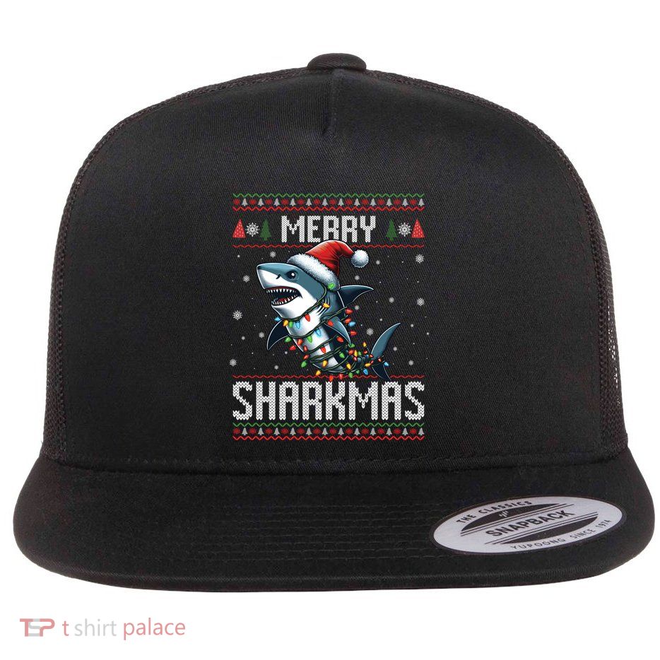 Merry Sharkmas Shark Ugly Christmas Lights Xmas Snowflakes Meaningful Gift Flatbill Hat