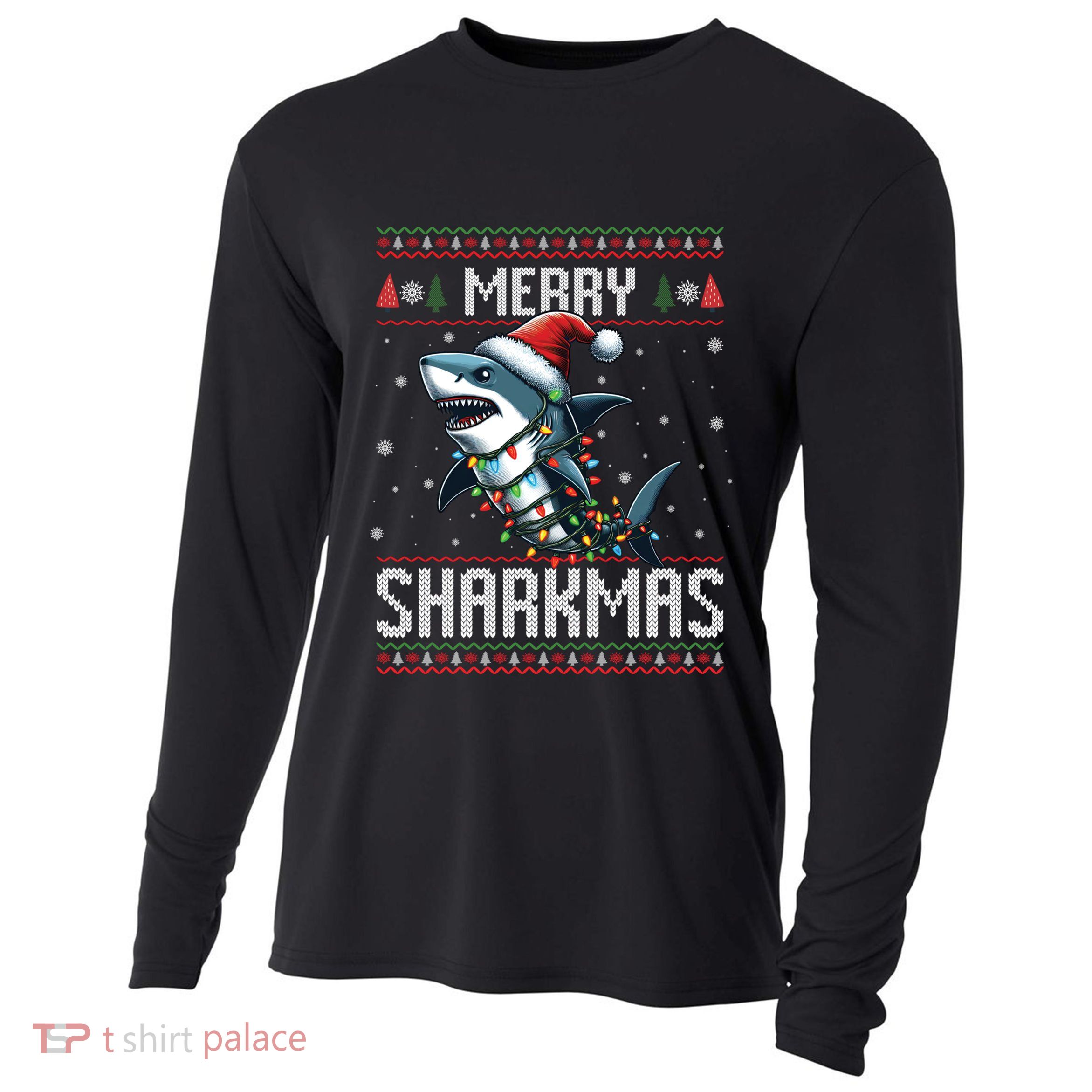 Merry Sharkmas Shark Ugly Christmas Lights Xmas Snowflakes Meaningful Gift Cooling Performance Long Sleeve Crew