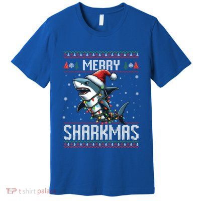 Merry Sharkmas Shark Ugly Christmas Lights Xmas Snowflakes Meaningful Gift Premium T-Shirt