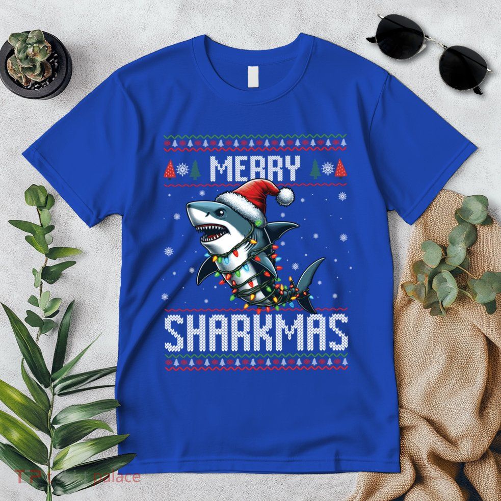 Merry Sharkmas Shark Ugly Christmas Lights Xmas Snowflakes Meaningful Gift Premium T-Shirt