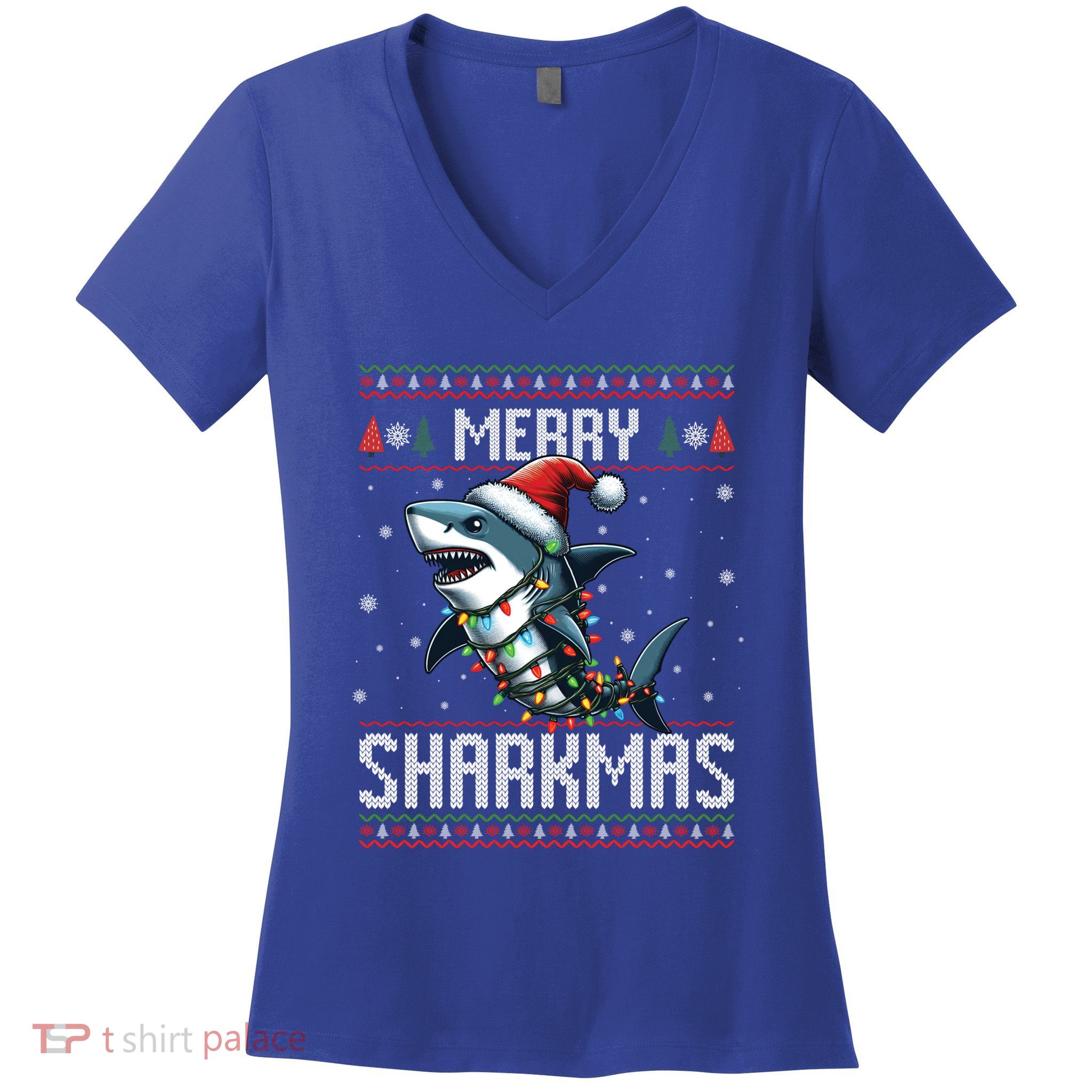 Merry Sharkmas Shark Ugly Christmas Lights Xmas Snowflakes Meaningful Gift Women's V-Neck T-Shirt