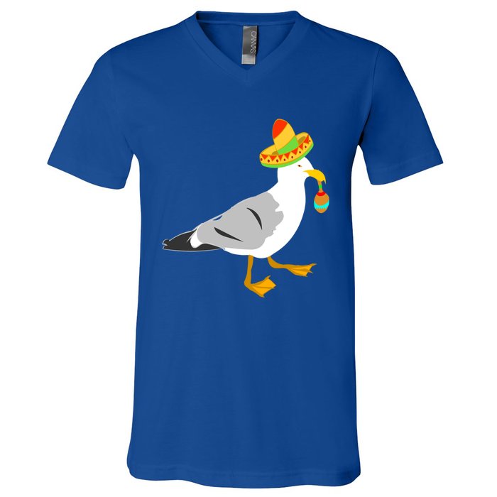 Mexican Seagull Sombrero Costume Maraca Funny Bird Gift V-Neck T-Shirt