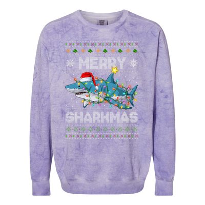 Merry Sharkmas Shark Santa Ugly Christmas Lights Xmas Colorblast Crewneck Sweatshirt