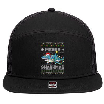 Merry Sharkmas Shark Santa Ugly Christmas Lights Xmas 7 Panel Mesh Trucker Snapback Hat