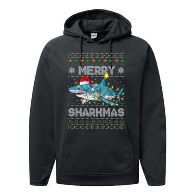 Merry Sharkmas Shark Santa Ugly Christmas Lights Xmas Performance Fleece Hoodie