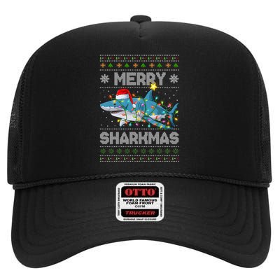 Merry Sharkmas Shark Santa Ugly Christmas Lights Xmas High Crown Mesh Back Trucker Hat