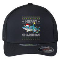 Merry Sharkmas Shark Santa Ugly Christmas Lights Xmas Flexfit Unipanel Trucker Cap