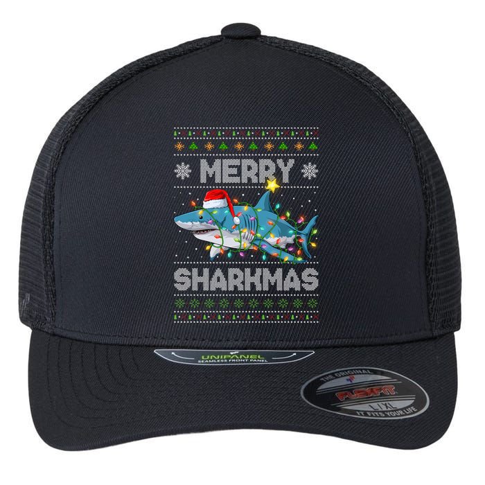 Merry Sharkmas Shark Santa Ugly Christmas Lights Xmas Flexfit Unipanel Trucker Cap