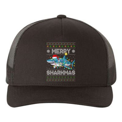 Merry Sharkmas Shark Santa Ugly Christmas Lights Xmas Yupoong Adult 5-Panel Trucker Hat