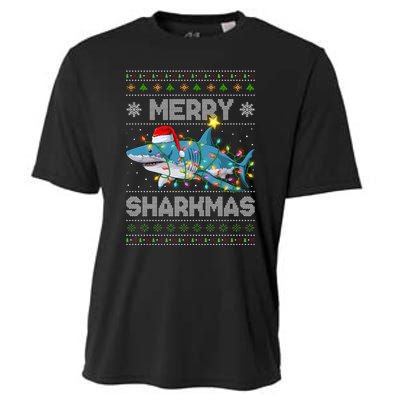 Merry Sharkmas Shark Santa Ugly Christmas Lights Xmas Cooling Performance Crew T-Shirt