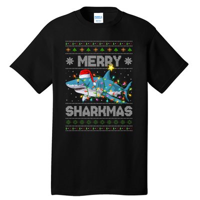 Merry Sharkmas Shark Santa Ugly Christmas Lights Xmas Tall T-Shirt