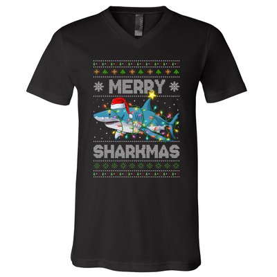 Merry Sharkmas Shark Santa Ugly Christmas Lights Xmas V-Neck T-Shirt