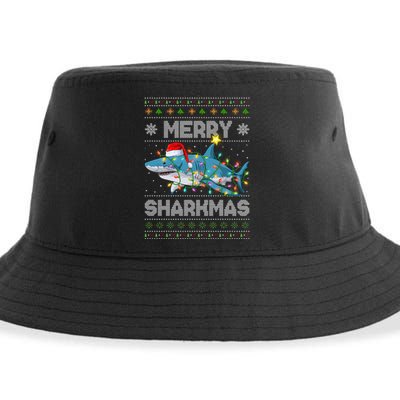 Merry Sharkmas Shark Santa Ugly Christmas Lights Xmas Sustainable Bucket Hat