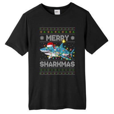 Merry Sharkmas Shark Santa Ugly Christmas Lights Xmas Tall Fusion ChromaSoft Performance T-Shirt