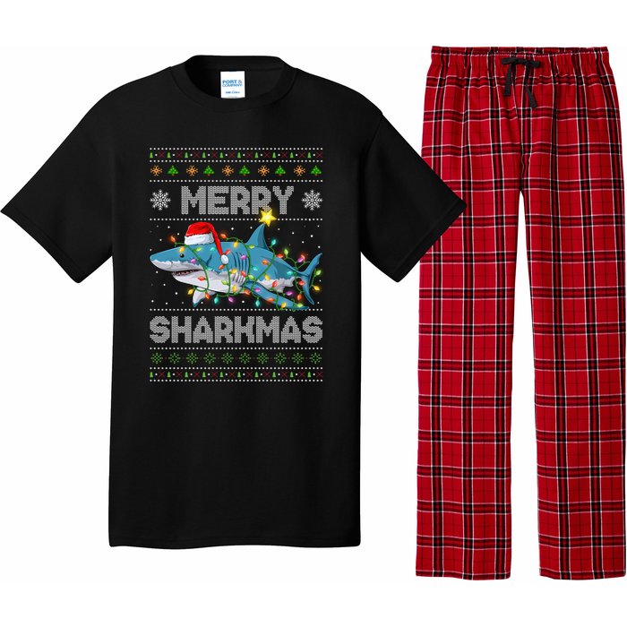 Merry Sharkmas Shark Santa Ugly Christmas Lights Xmas Pajama Set