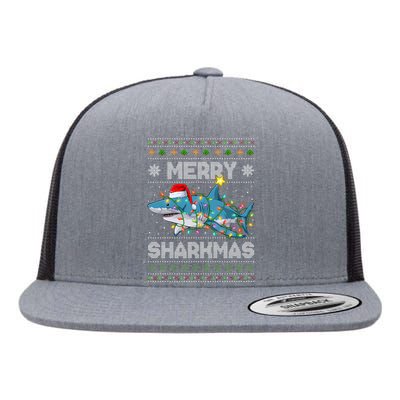 Merry Sharkmas Shark Santa Ugly Christmas Lights Xmas Flat Bill Trucker Hat