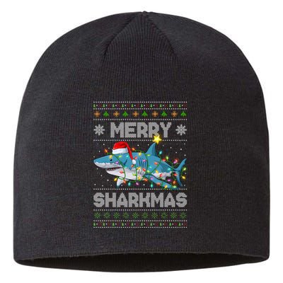 Merry Sharkmas Shark Santa Ugly Christmas Lights Xmas Sustainable Beanie