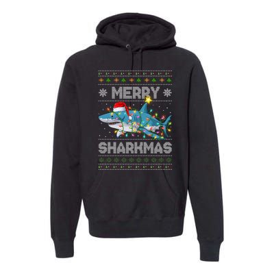 Merry Sharkmas Shark Santa Ugly Christmas Lights Xmas Premium Hoodie