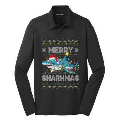 Merry Sharkmas Shark Santa Ugly Christmas Lights Xmas Silk Touch Performance Long Sleeve Polo