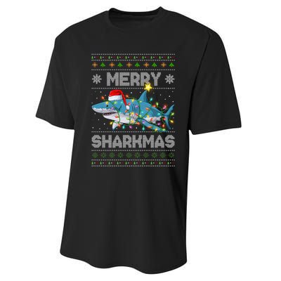 Merry Sharkmas Shark Santa Ugly Christmas Lights Xmas Performance Sprint T-Shirt