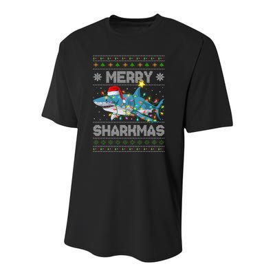 Merry Sharkmas Shark Santa Ugly Christmas Lights Xmas Youth Performance Sprint T-Shirt