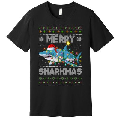 Merry Sharkmas Shark Santa Ugly Christmas Lights Xmas Premium T-Shirt