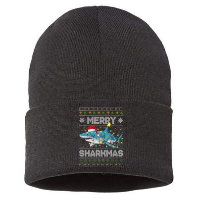 Merry Sharkmas Shark Santa Ugly Christmas Lights Xmas Sustainable Knit Beanie