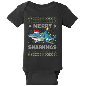 Merry Sharkmas Shark Santa Ugly Christmas Lights Xmas Baby Bodysuit