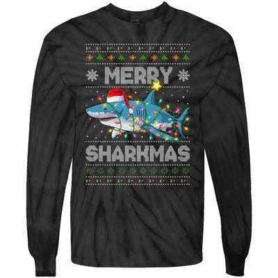 Merry Sharkmas Shark Santa Ugly Christmas Lights Xmas Tie-Dye Long Sleeve Shirt