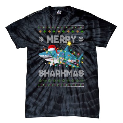 Merry Sharkmas Shark Santa Ugly Christmas Lights Xmas Tie-Dye T-Shirt