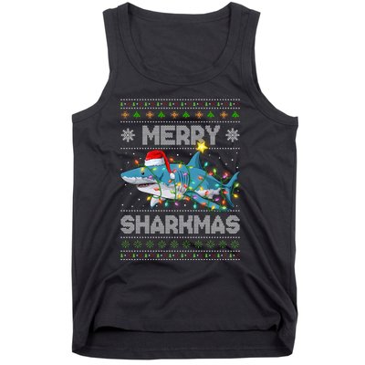 Merry Sharkmas Shark Santa Ugly Christmas Lights Xmas Tank Top