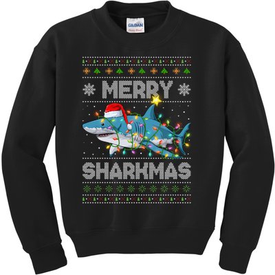 Merry Sharkmas Shark Santa Ugly Christmas Lights Xmas Kids Sweatshirt