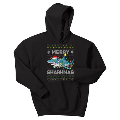 Merry Sharkmas Shark Santa Ugly Christmas Lights Xmas Kids Hoodie